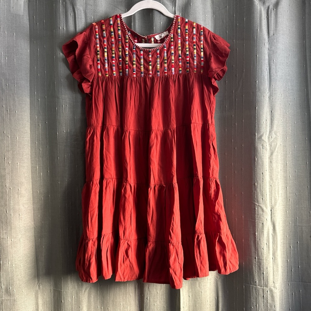 Entro dark orange flowy dress with Colorful Embroidery